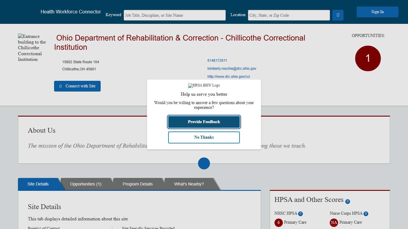 Health Workforce Connector - Site Profile Page